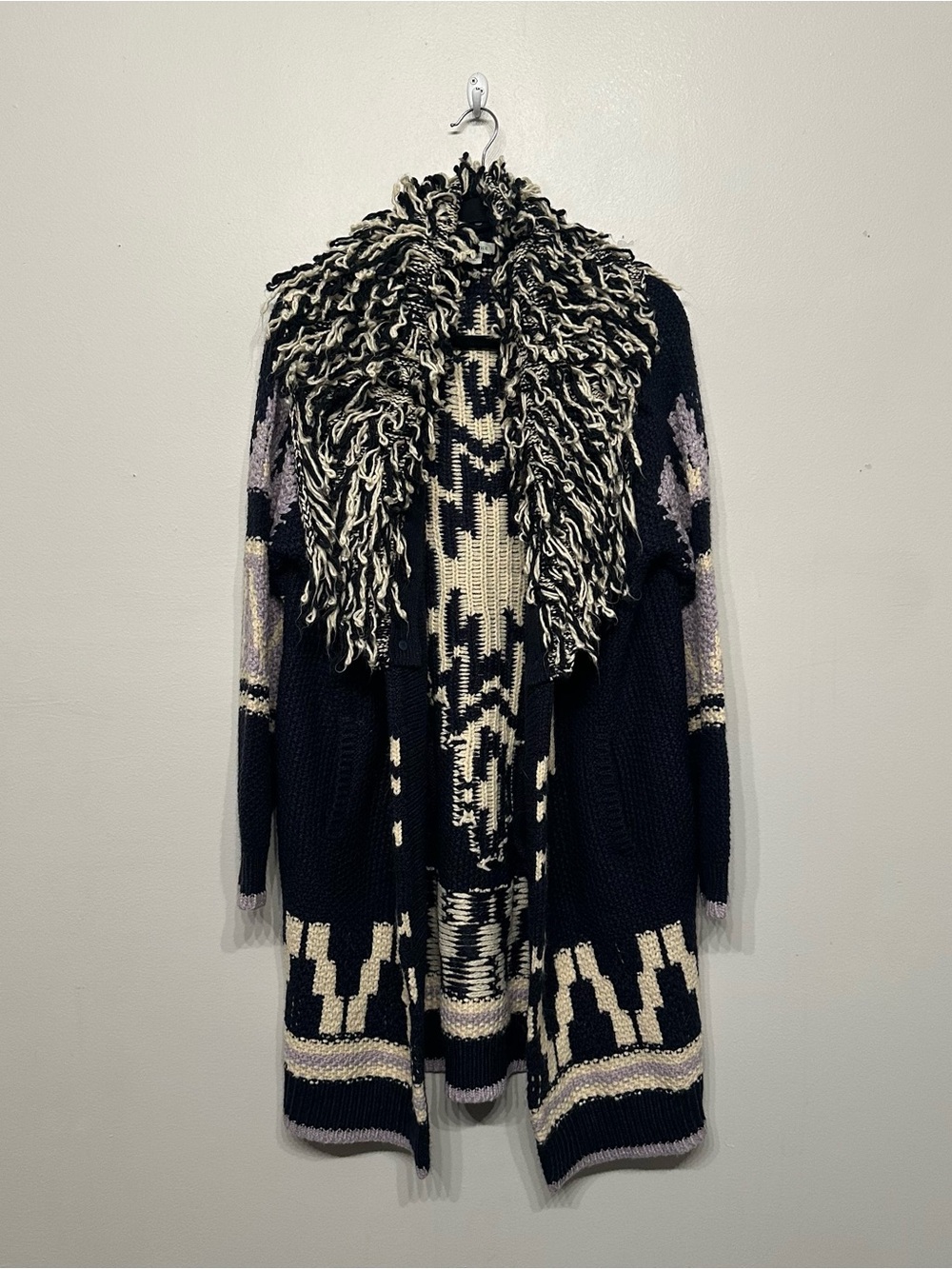 Sundance Aztec Chunky Knit Long Cardigan with Removable Shag Collar Large